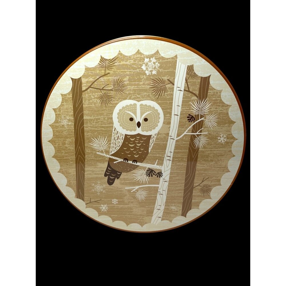 Holiday Inspirations Round Tin With Owl Design & Golden Interior 11" Diameter Id